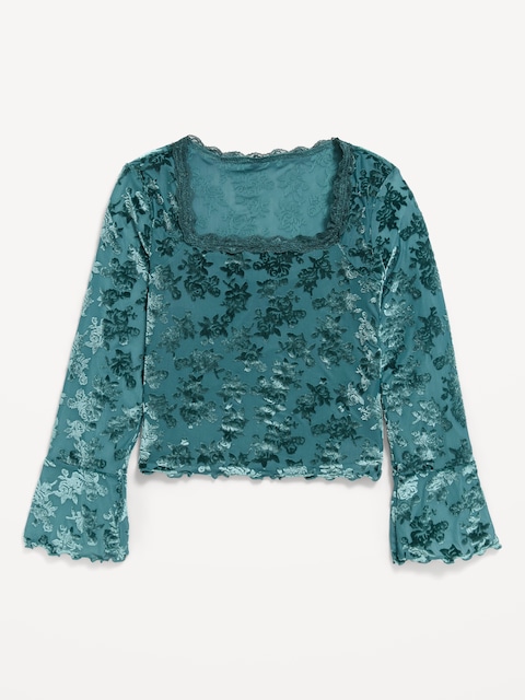 Long-Sleeve Floral Velour Top for Girls
