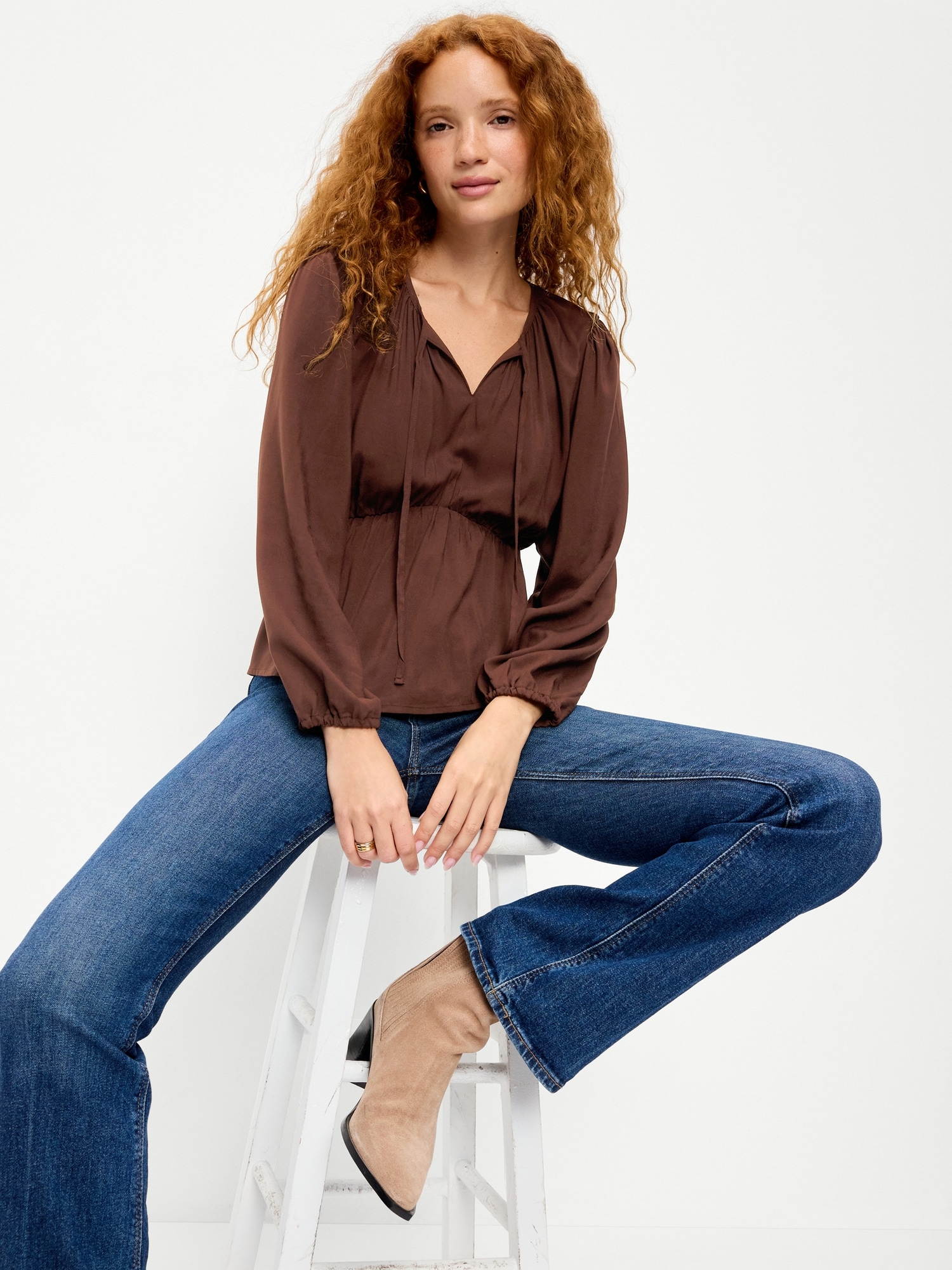 Long-Sleeve Ruched Tie-Neck Top