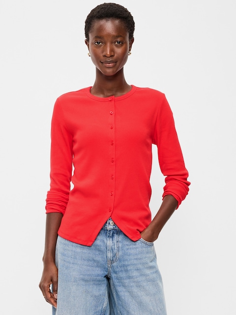 Snug Long-Sleeve Button-Front Ribbed Top