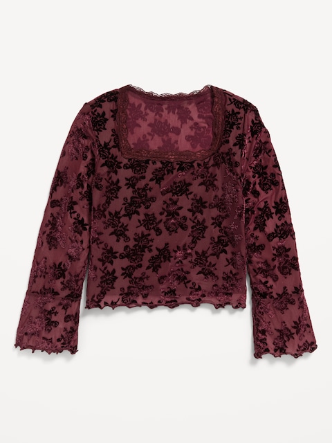 Long-Sleeve Floral Velour Top for Girls
