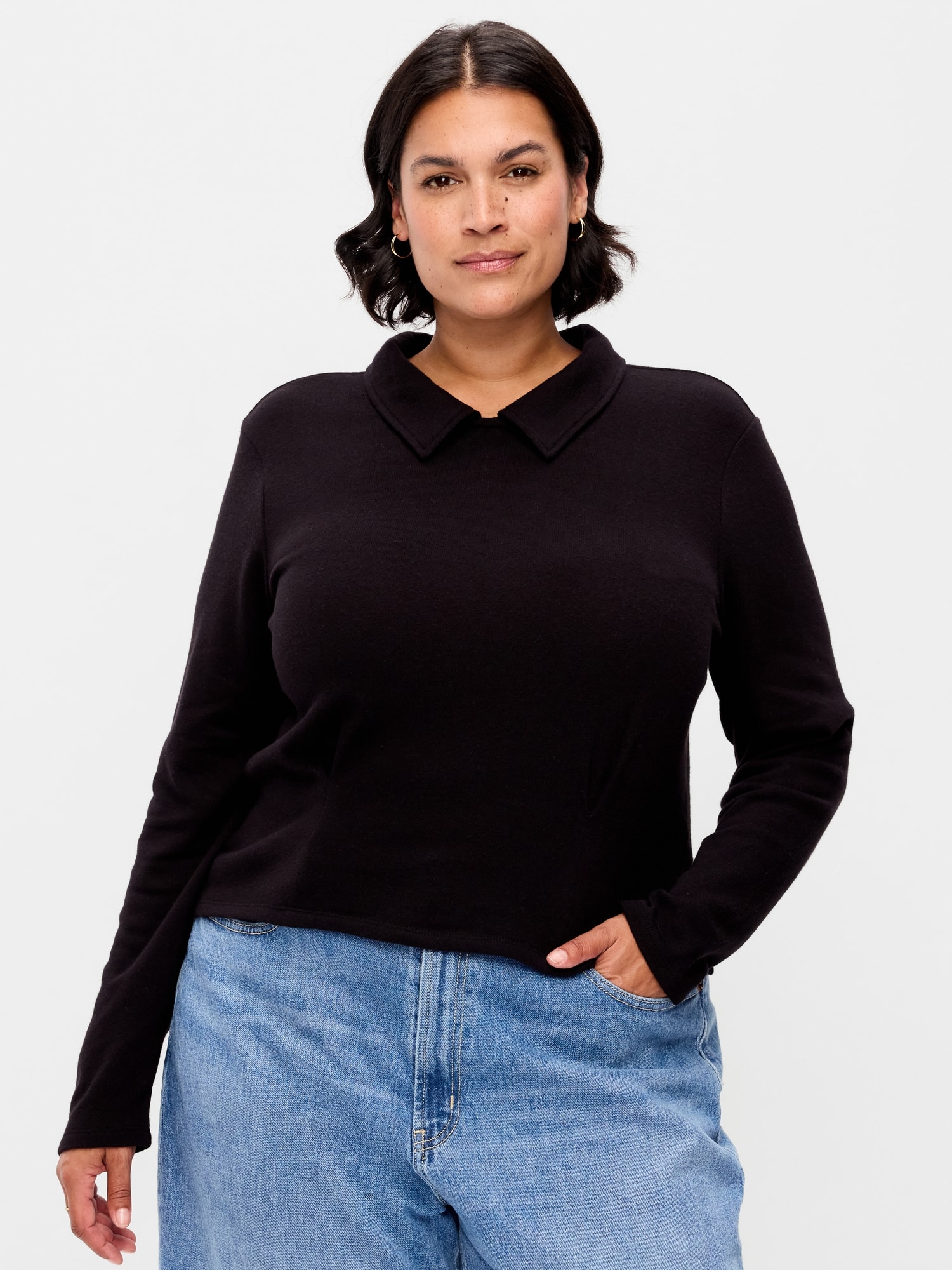 Long-Sleeve Brushed-Jersey Polo Top