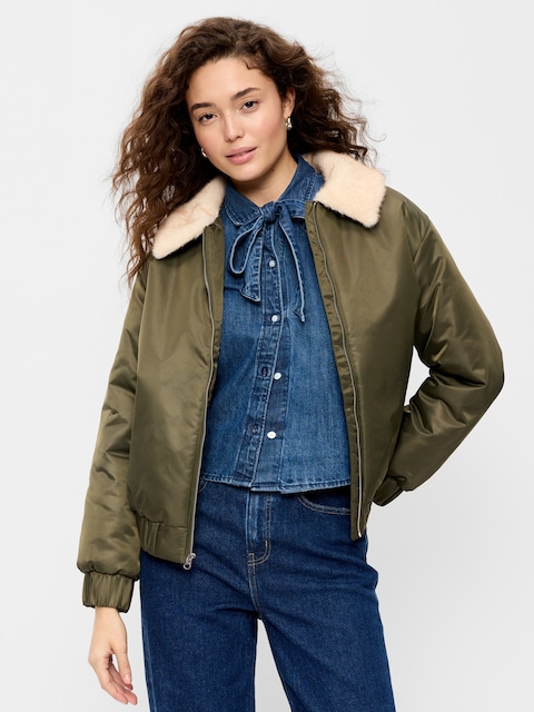 Faux-Fur Collar Utility Bomber Jacket