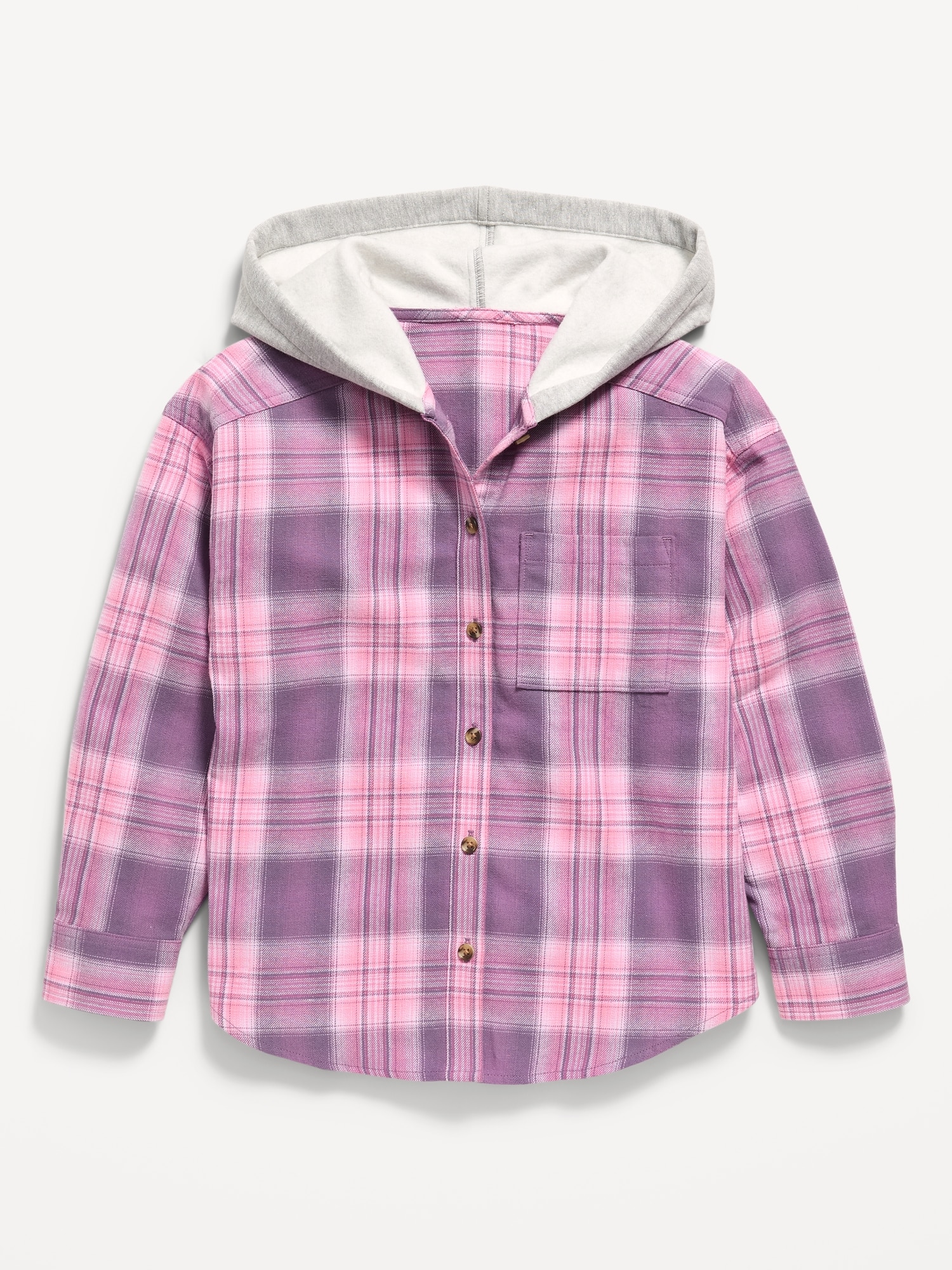 Oversized Long-Sleeve Hooded Flannel Shirt for Girls