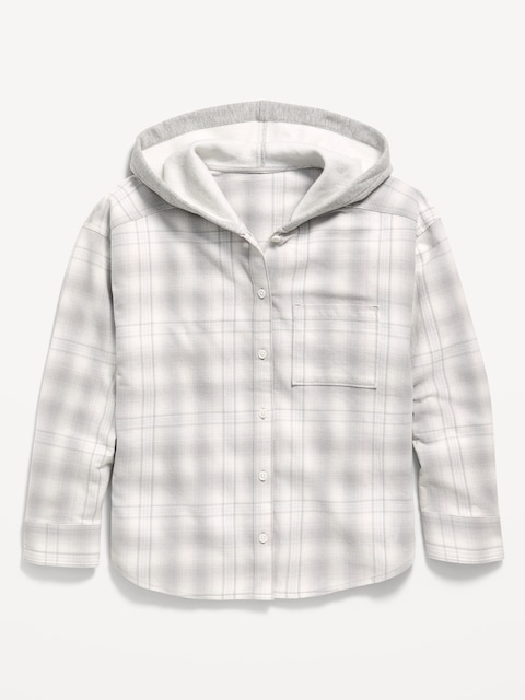 Oversized Long-Sleeve Hooded Flannel Shirt for Girls