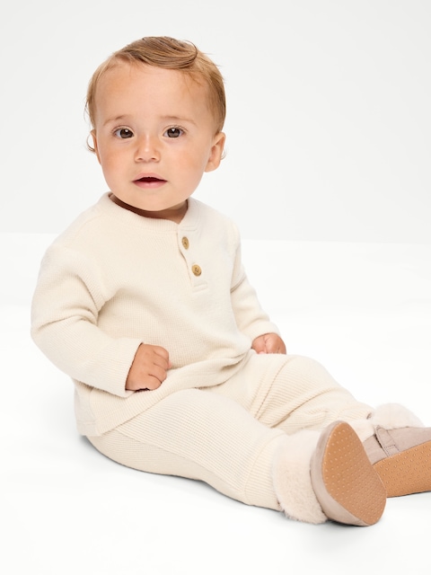 Long-Sleeve Waffle-Knit Henley Top and Pants Set for Baby