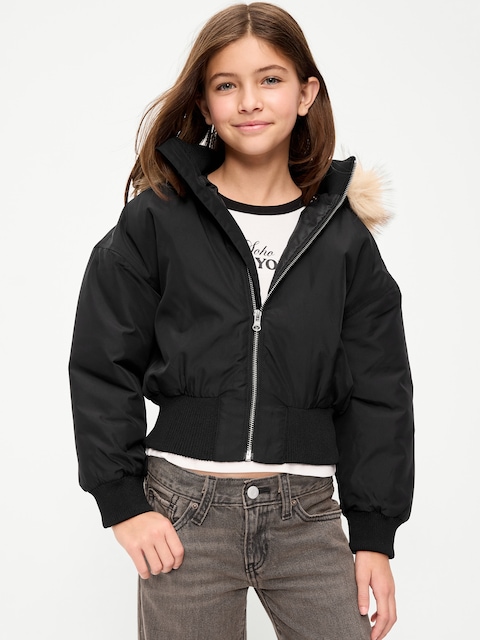 Water-Resistant Oversized Faux-Fur Trim Bomber Jacket for Girls