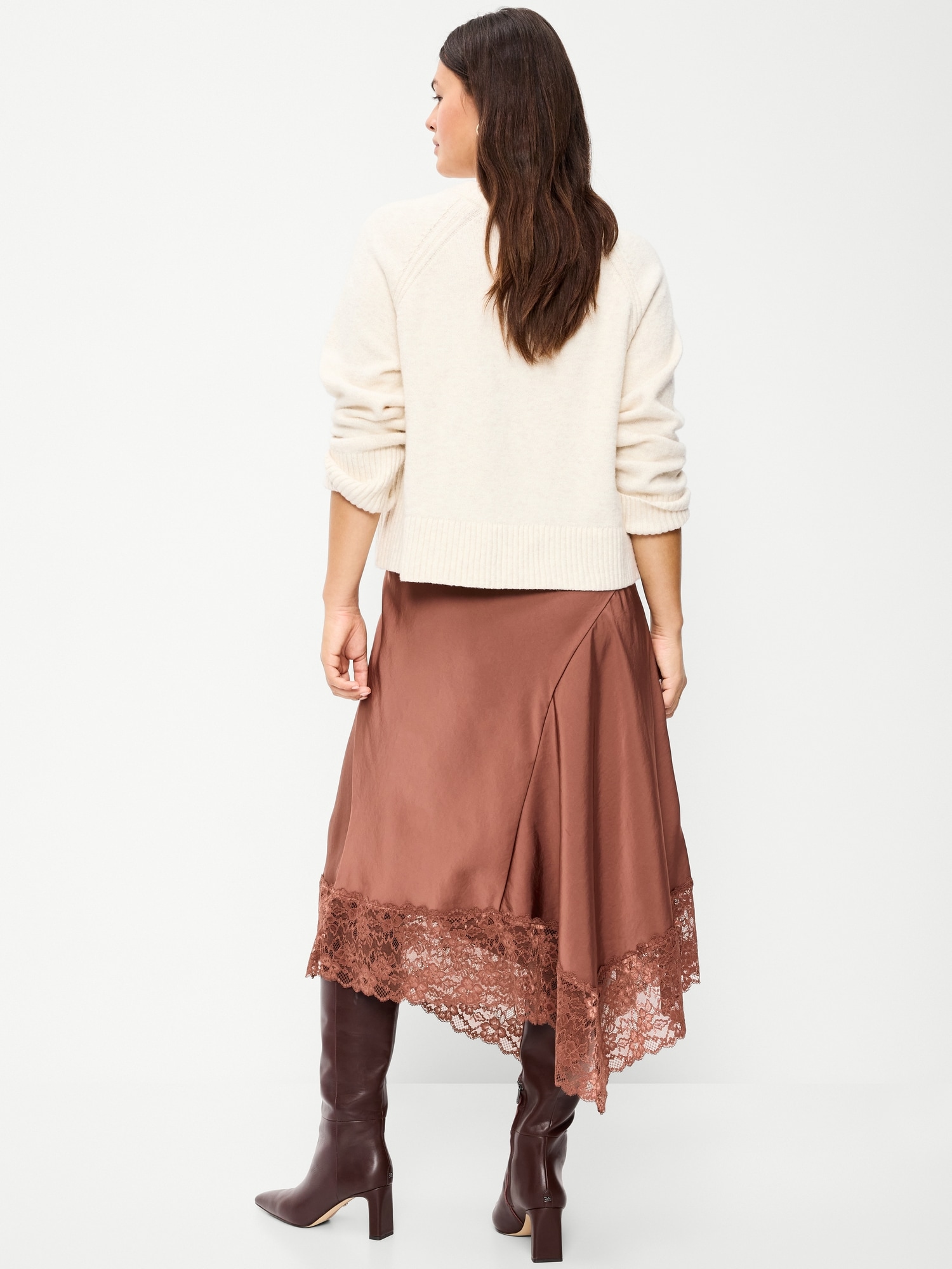 Satin Asymmetrical-Hem Midi Skirt