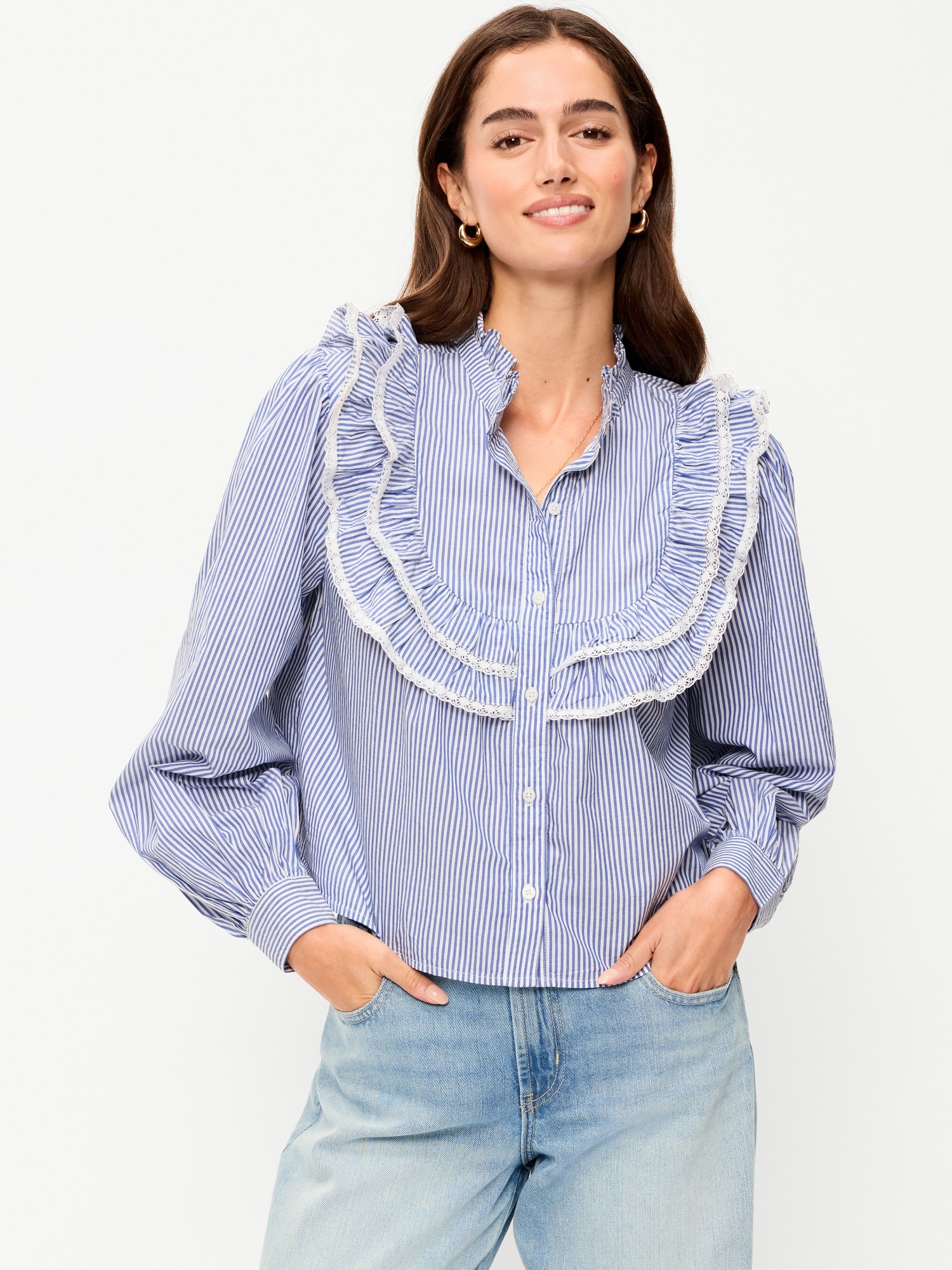 Ruffle Bib Button-Down Top