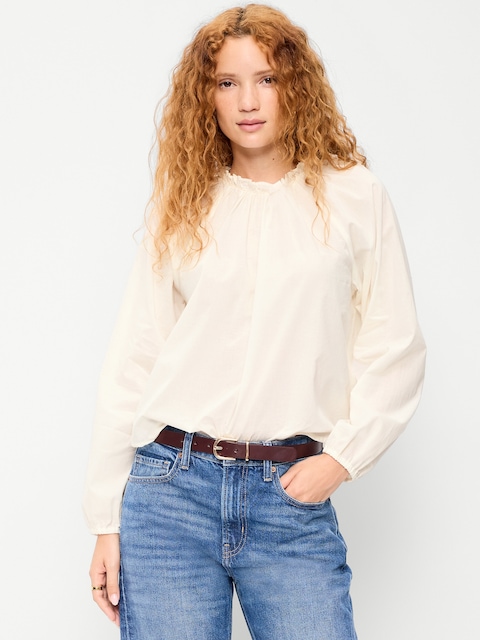 Long-Sleeve Ruffle-Neck A-Line Top
