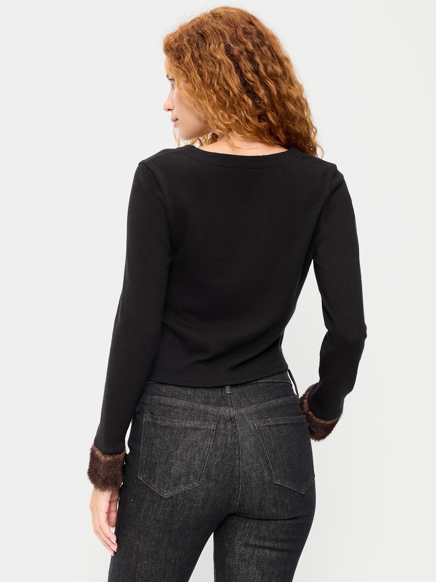 Long-Sleeve Faux-Fur Cuff Tie-Front Top