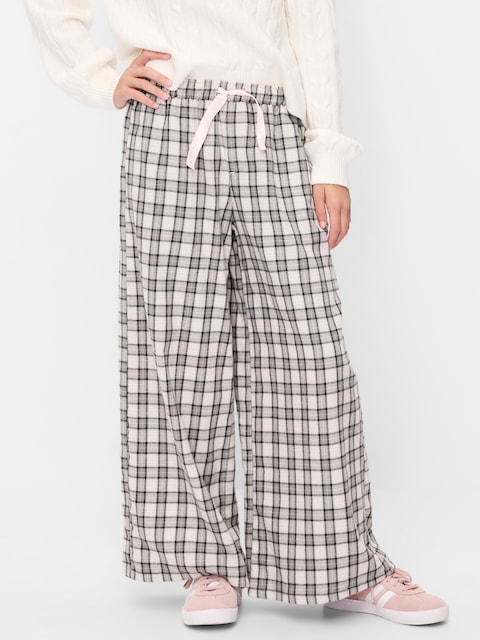 Pull-On Wide-Leg Flannel Plaid Pants for Girls
