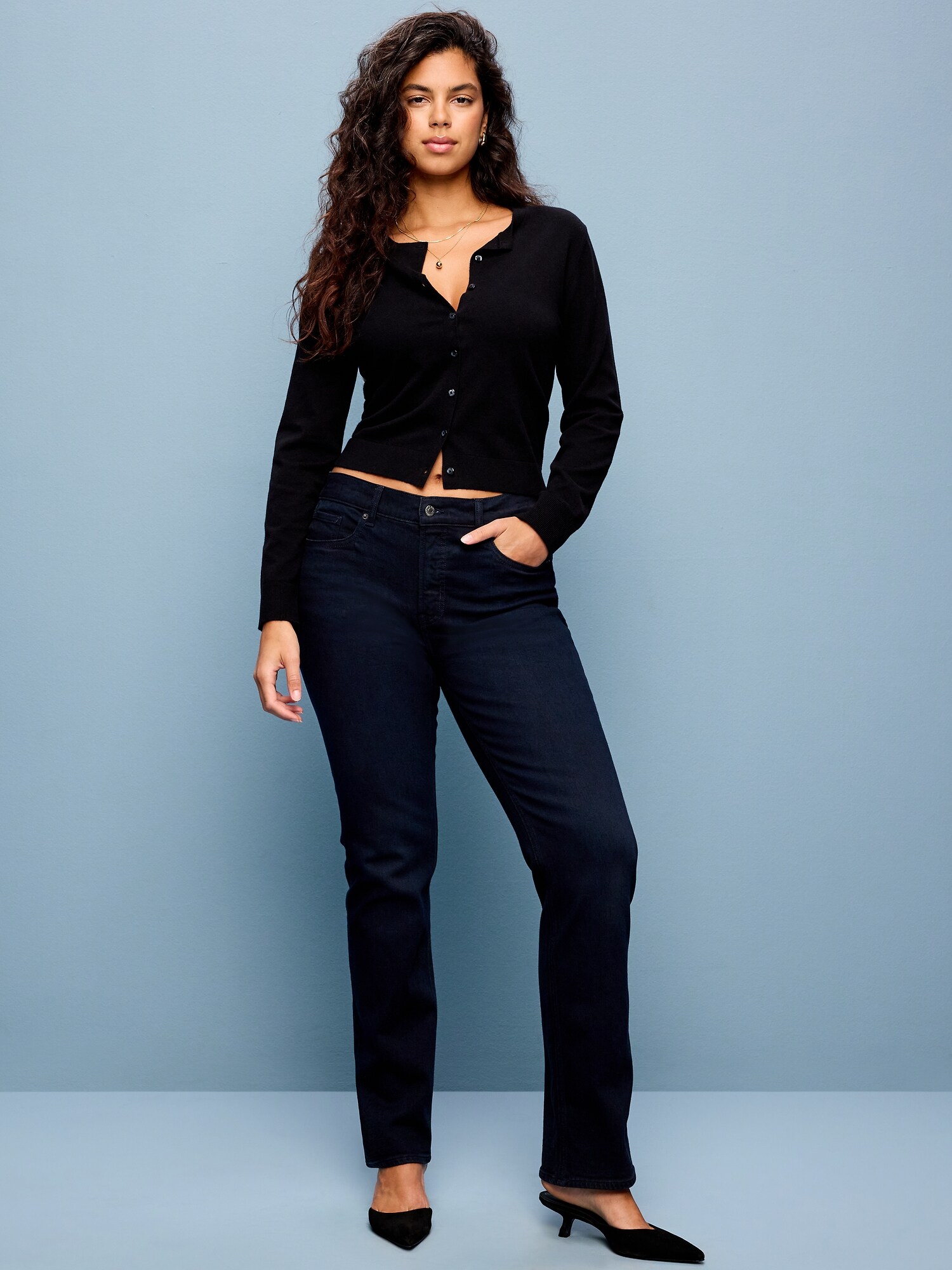 Женские джинсы Old Navy Mid-Rise Straight Leg, цвет: Синий чёрный — фото 6