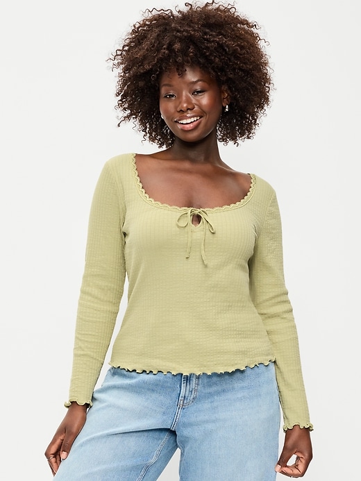 Long-Sleeve Pointelle Knit Lace-Trim Top | Old Navy