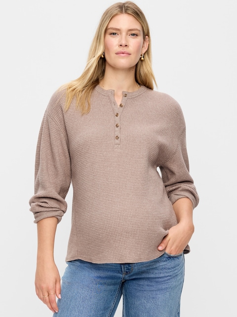 Maternity Long-Sleeve Waffle Knit Henley Top