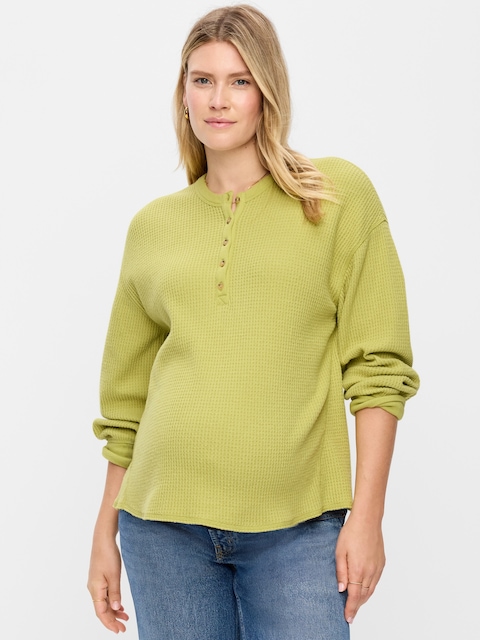 Maternity Long-Sleeve Waffle Knit Henley Top