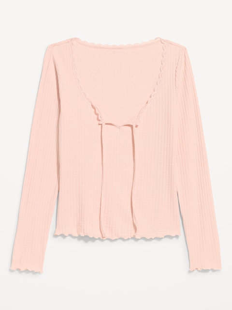 Long-Sleeve Pointelle Knit Lace-Trim Top