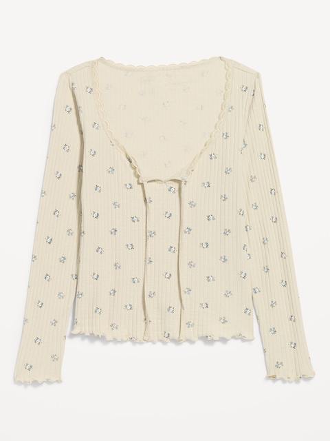 Long-Sleeve Pointelle Knit Lace-Trim Top