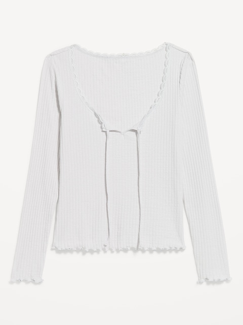 Long-Sleeve Pointelle Knit Lace-Trim Top