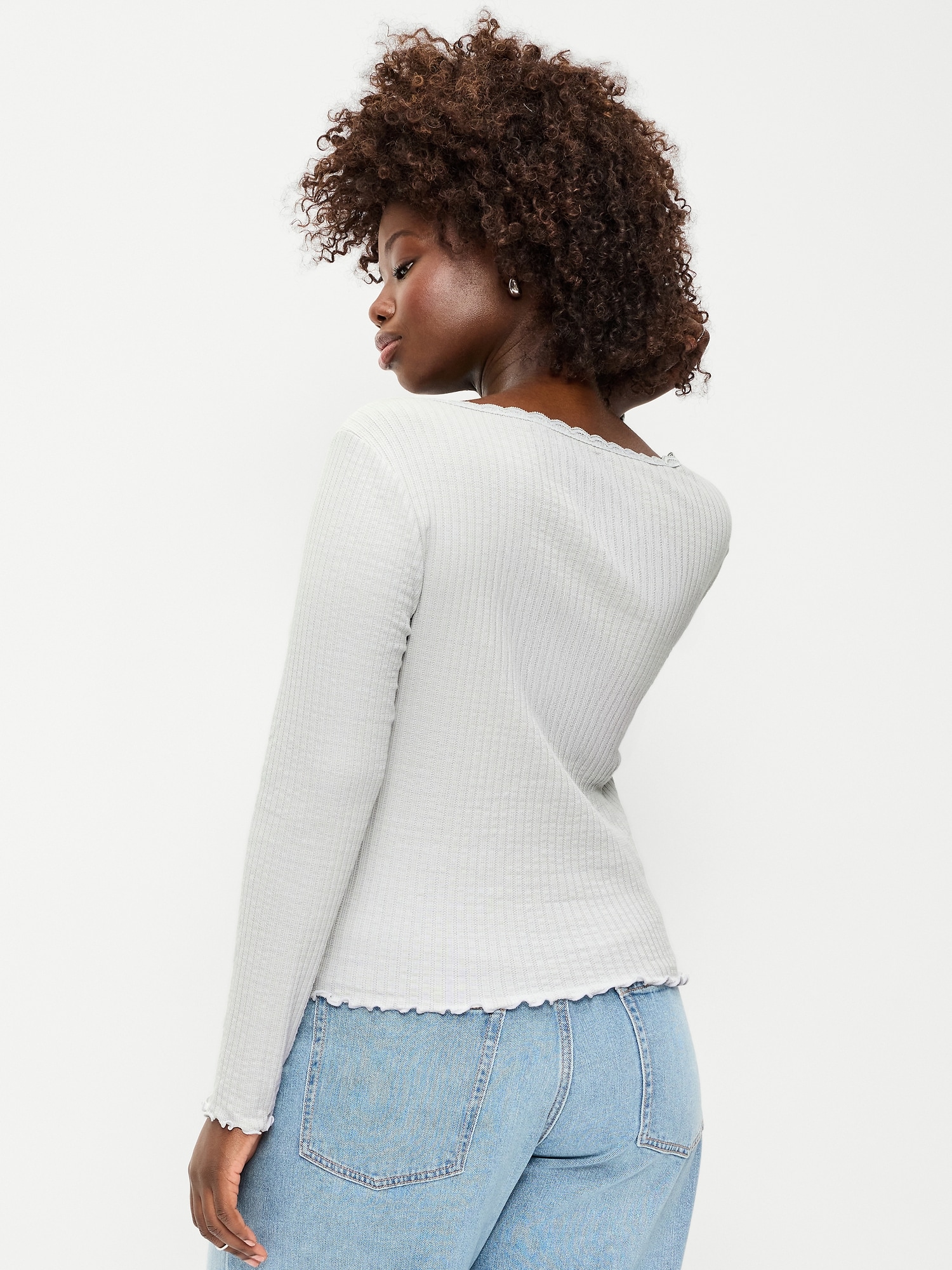 Long-Sleeve Pointelle Knit Lace-Trim Top