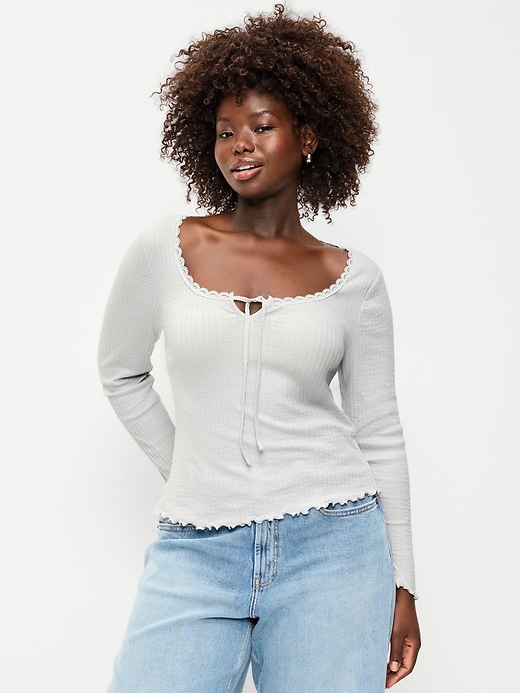 Long-Sleeve Pointelle Knit Lace-Trim Top | Old Navy