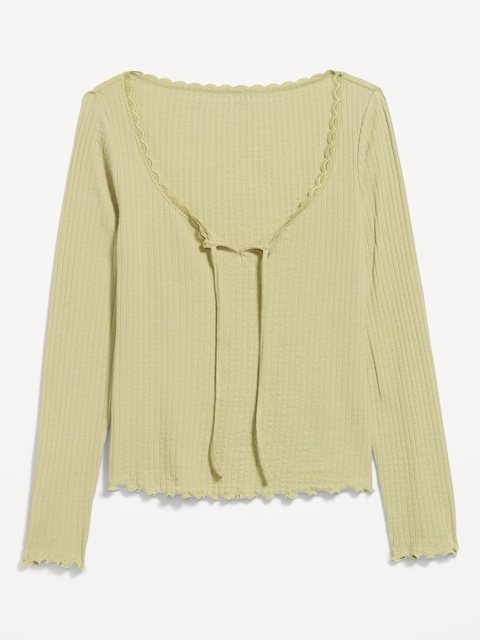 Long-Sleeve Pointelle Knit Lace-Trim Top