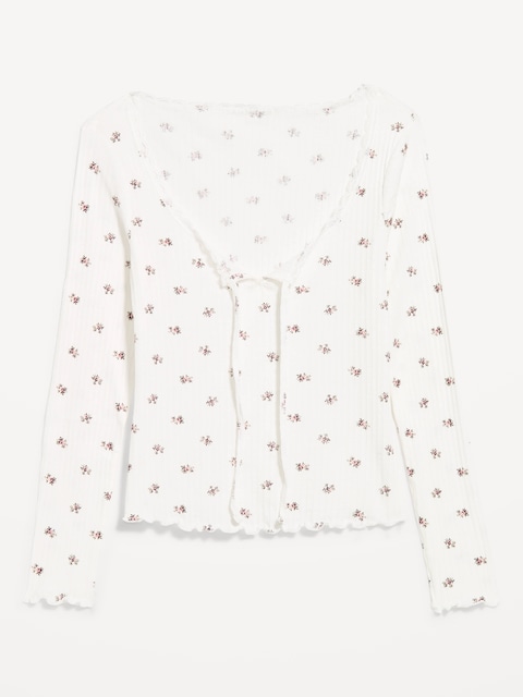 Long-Sleeve Pointelle Knit Lace-Trim Top