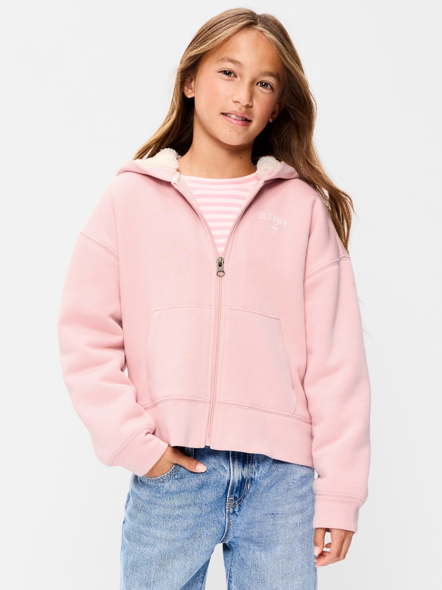 Детское худи Old Navy на молнии с принтом-логотипом и подкладкой из шерпы для девочек, цвет: Розовый