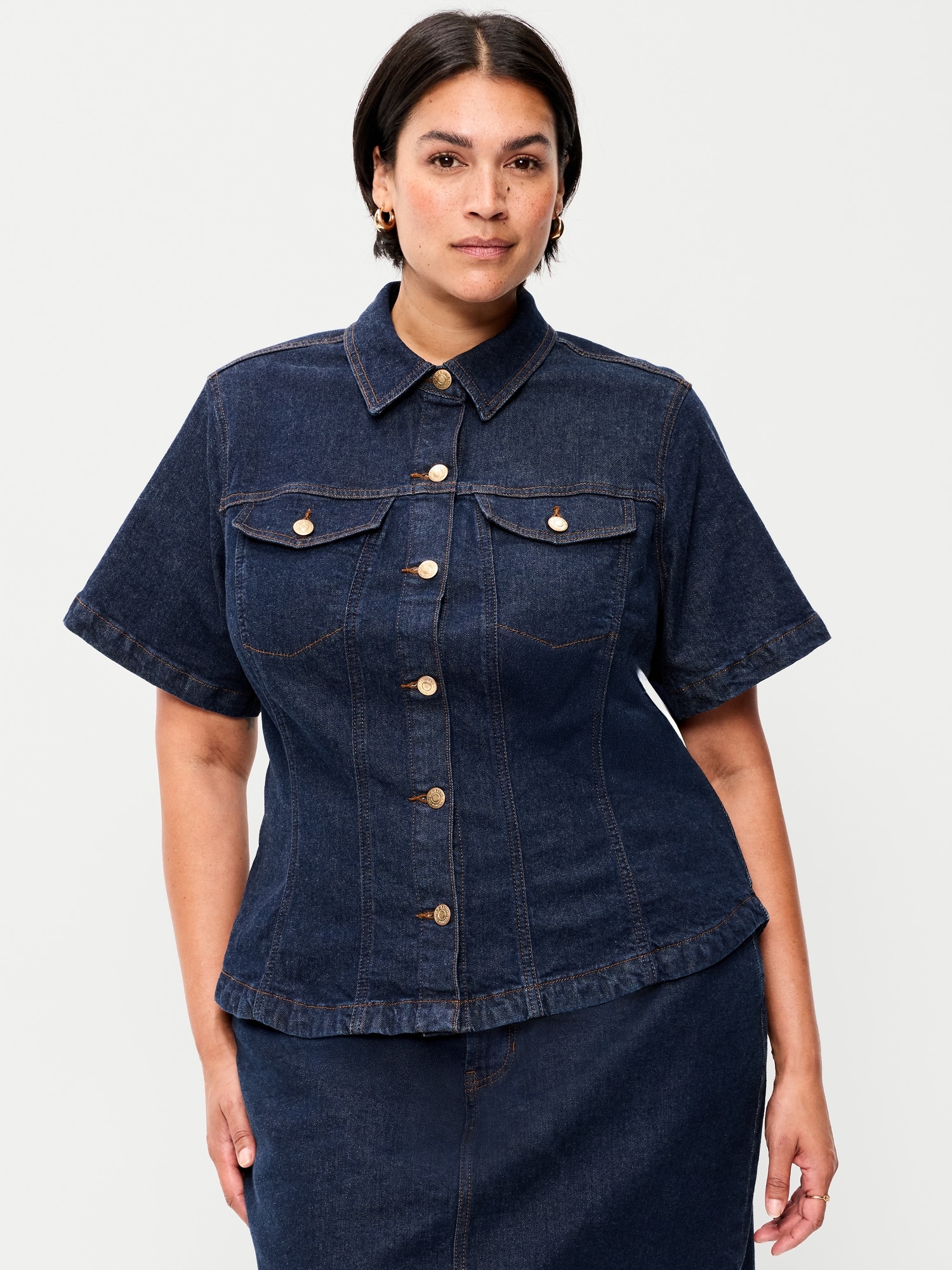 Short-Sleeve Button-Front Denim Top