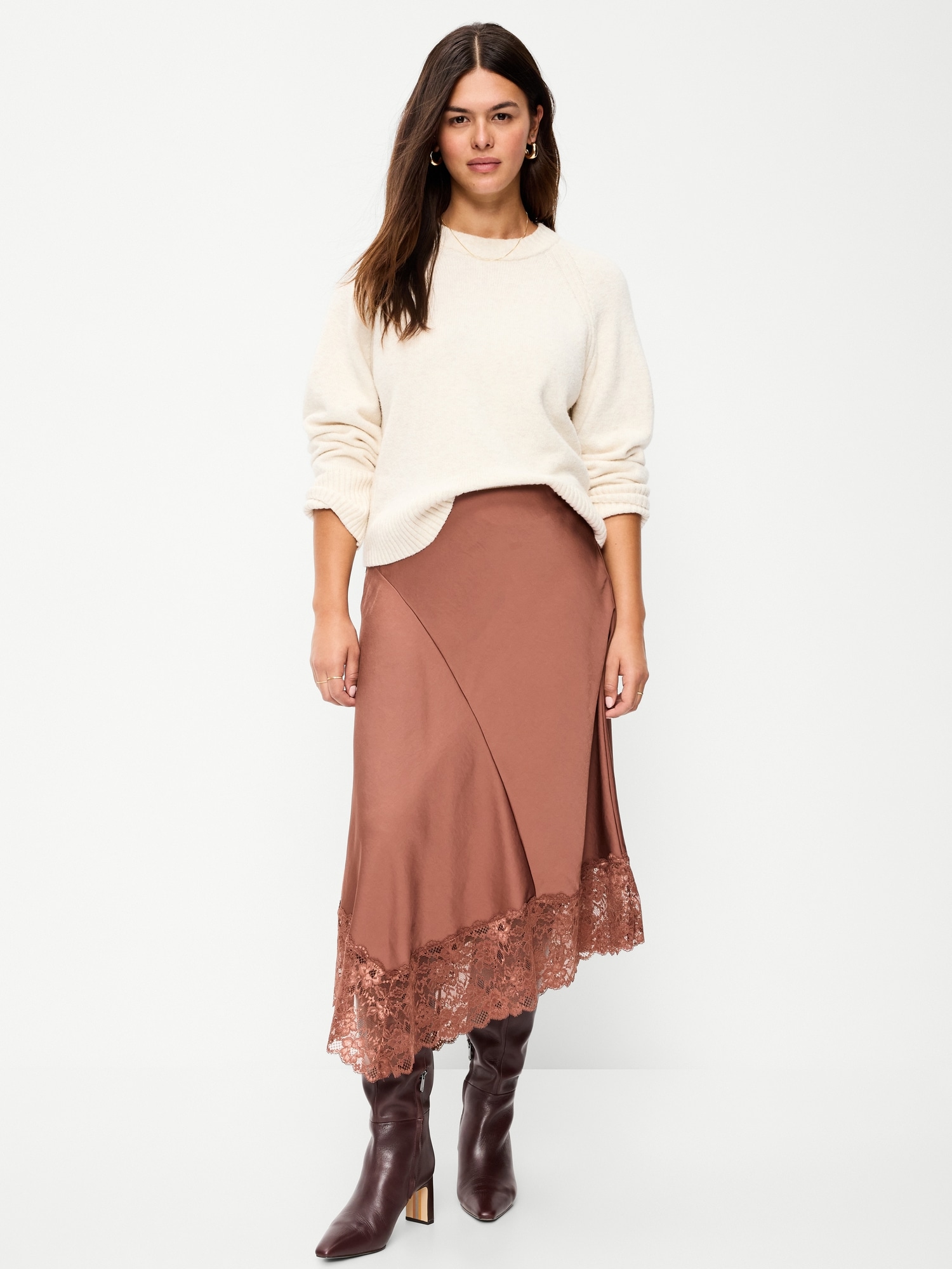 Satin Asymmetrical-Hem Midi Skirt