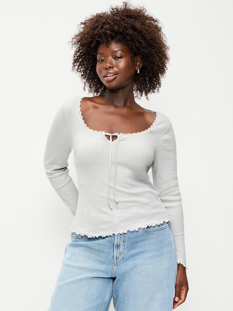 Long-Sleeve Pointelle Knit Lace-Trim Top
