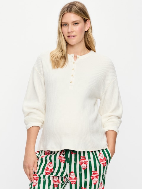 Maternity Long-Sleeve Waffle Knit Henley Top