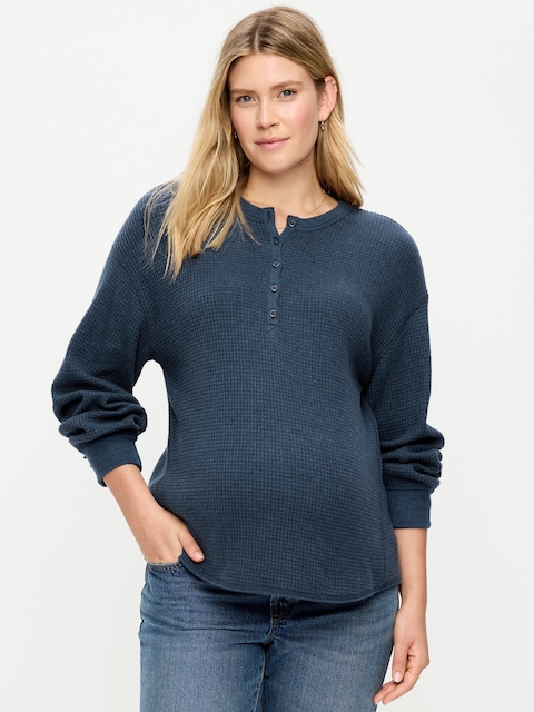 Maternity Long-Sleeve Waffle Knit Henley Top