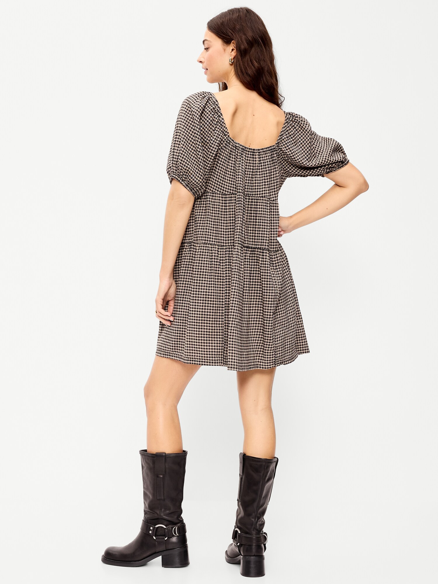 Женское платье Old Navy Puff-Sleeve Smocked Mini Swing, цвет: Чёрный / Чёрный в мелкую клетку — фото 2