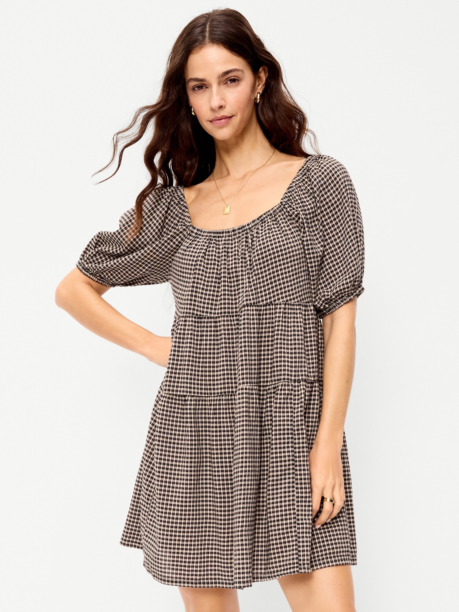 Женское платье Old Navy Puff-Sleeve Smocked Mini Swing, цвет: Чёрный / Чёрный в мелкую клетку — фото 3