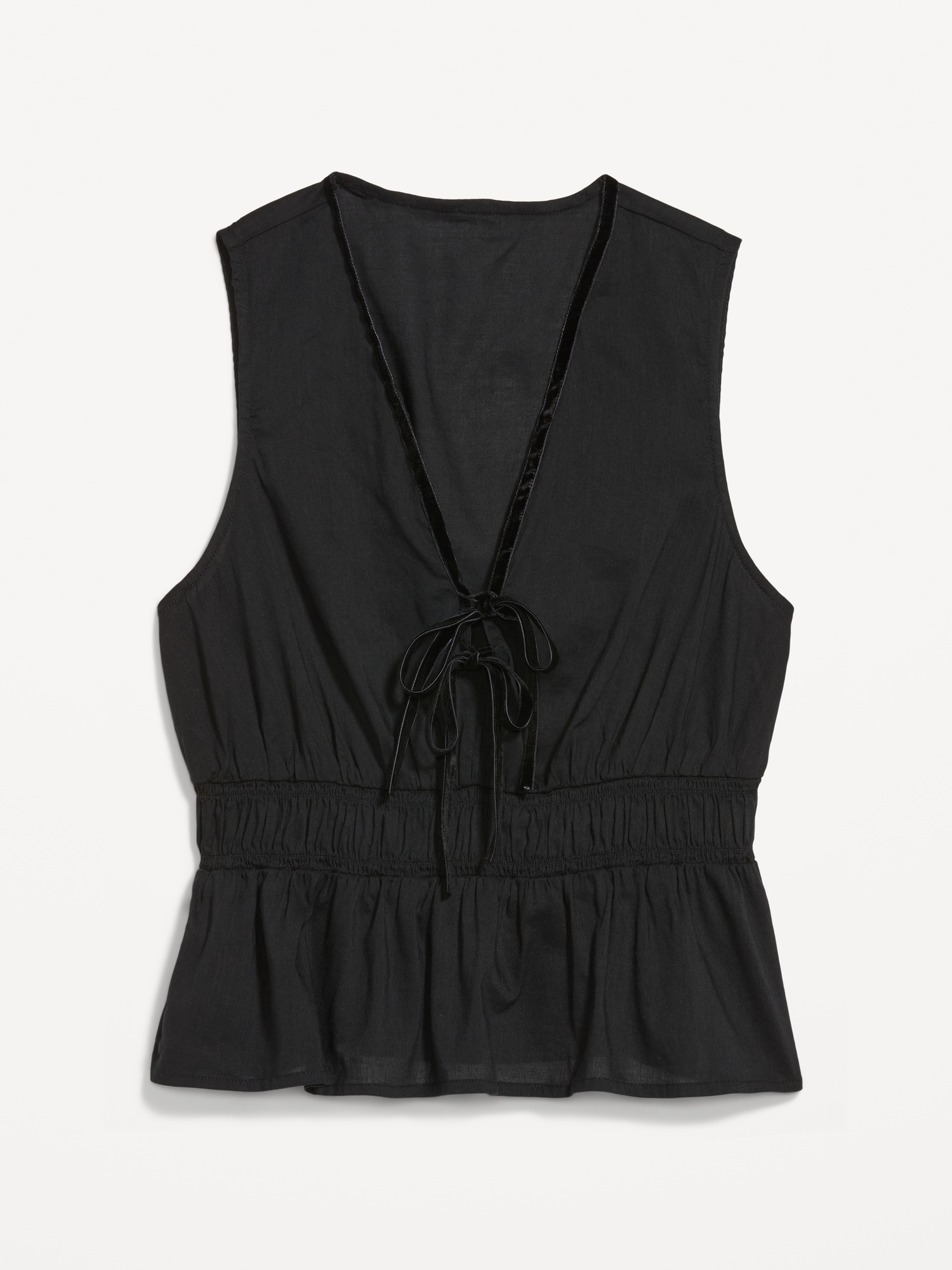 Sleeveless Velvet-Trim Tie-Front Peplum Top