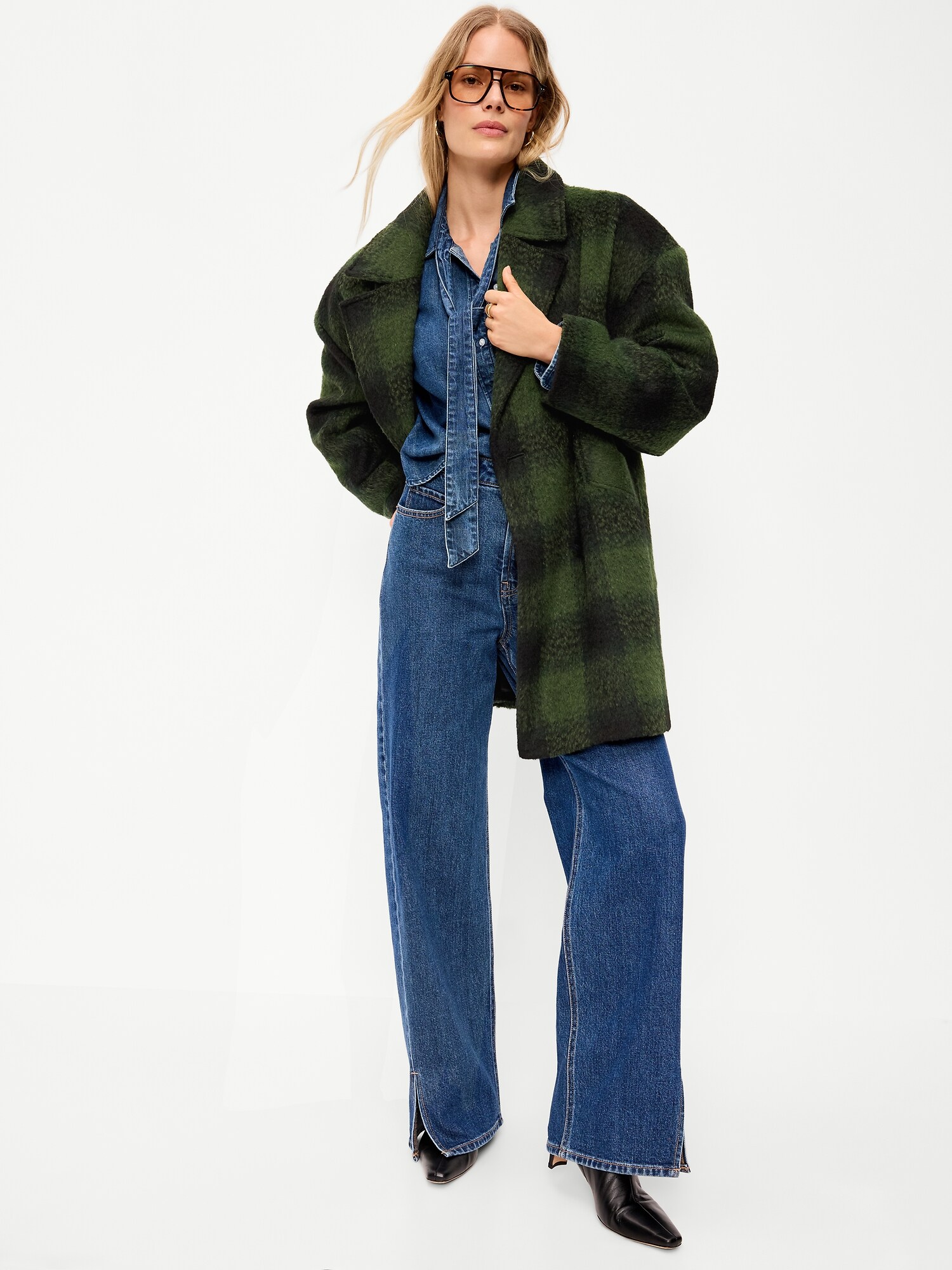 Женское пальто Old Navy оверсайз в пол, цвет: Зелёный клетчатый — фото 3
