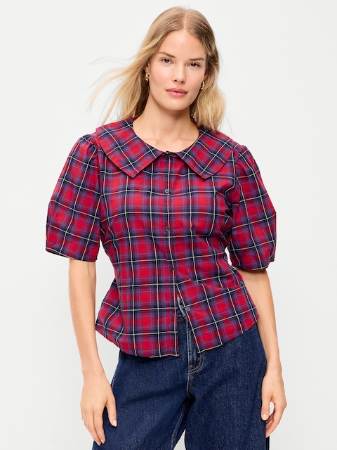 Lapel Collar Short-Sleeve Button-Front Top