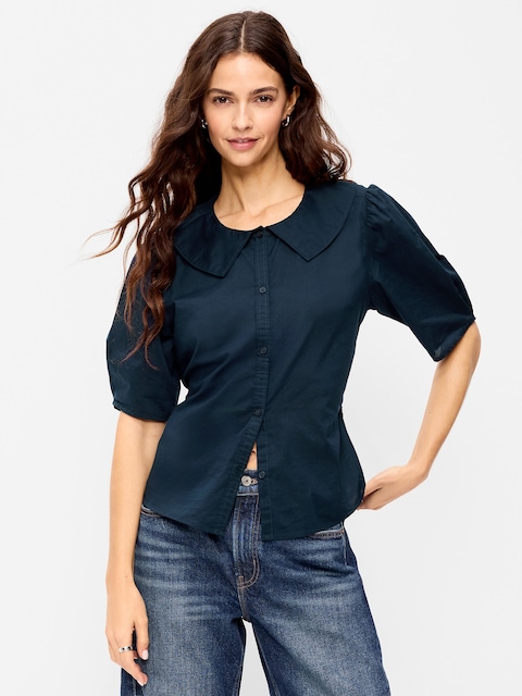 Lapel Collar Short-Sleeve Button-Front Top