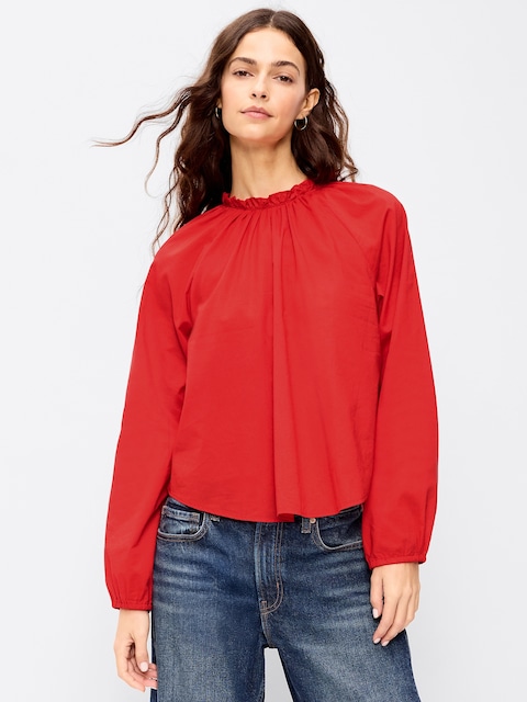 Long-Sleeve Ruffle-Neck A-Line Top