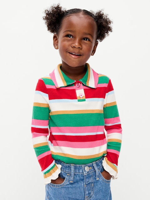 Long-Sleeve Striped Ribbed Collared Top for Toddler Girls