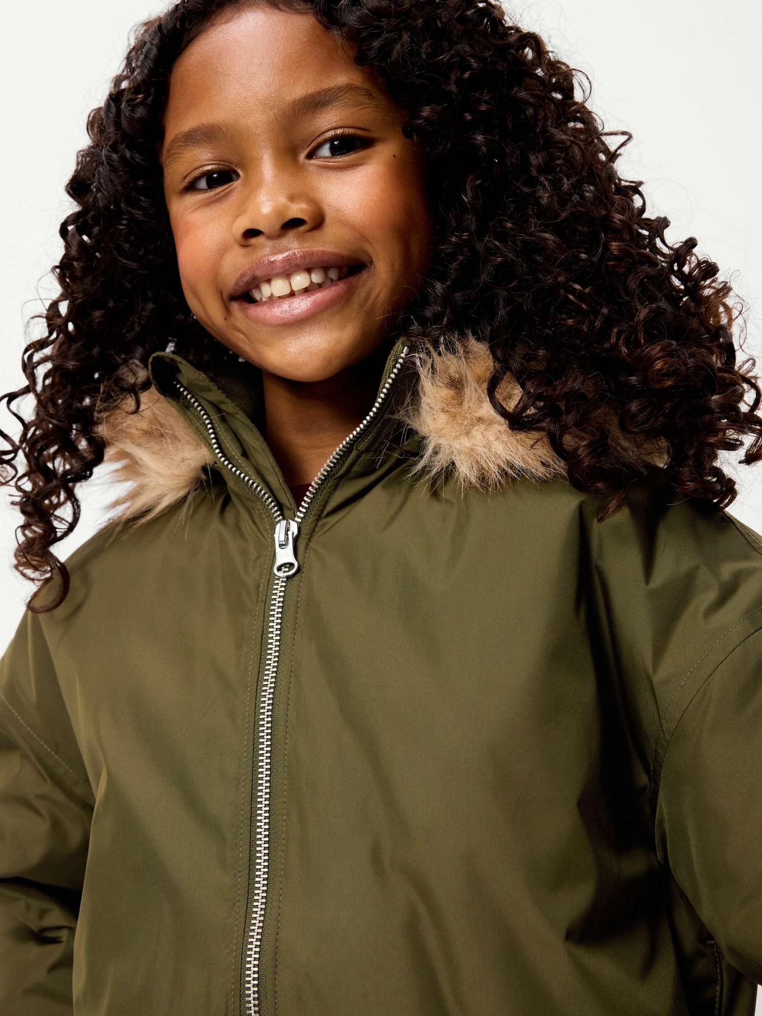 Water-Resistant Oversized Faux-Fur Trim Bomber Jacket for Girls