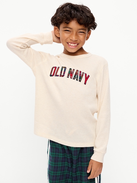 Long-Sleeve Waffle-Knit Logo Graphic T-Shirt for Boys
