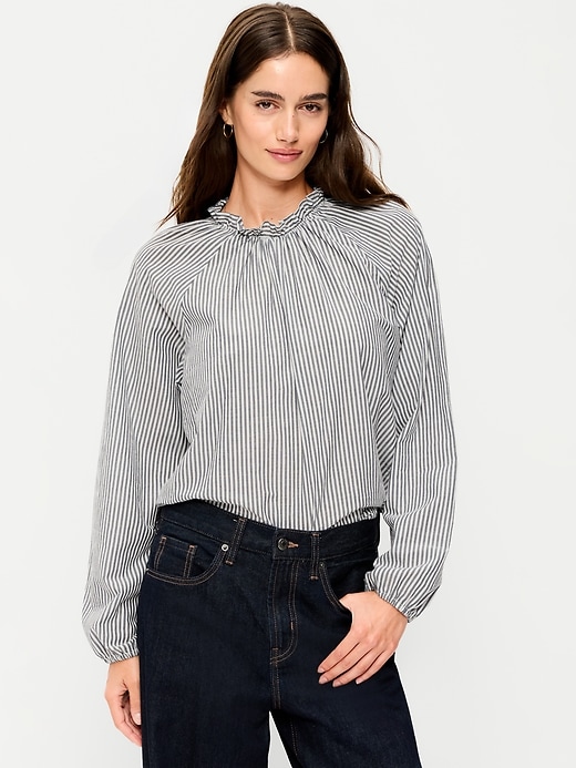 Long-Sleeve Ruffle-Neck A-Line Top