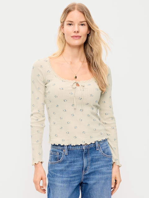 Long-Sleeve Pointelle Knit Lace-Trim Top