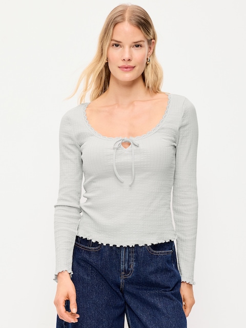 Long-Sleeve Pointelle Knit Lace-Trim Top