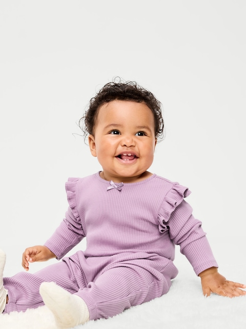 Long-Sleeve Ribbed Ruffle-Trim Jumpsuit for Baby