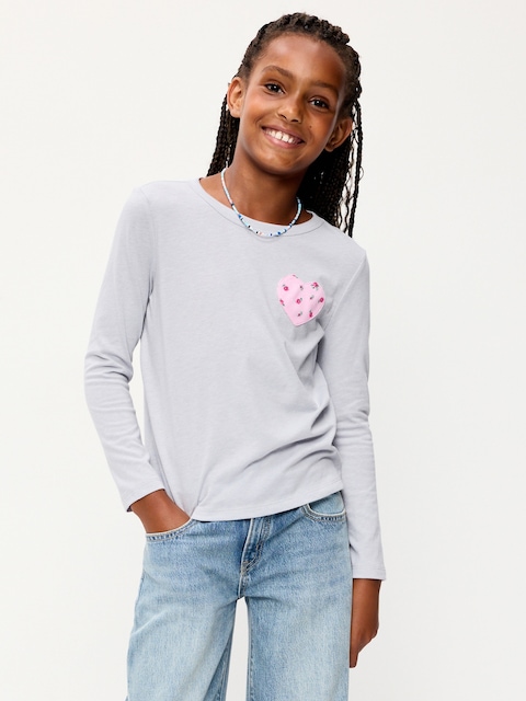 Softest Long-Sleeve Heart-Patch T-Shirt for Girls