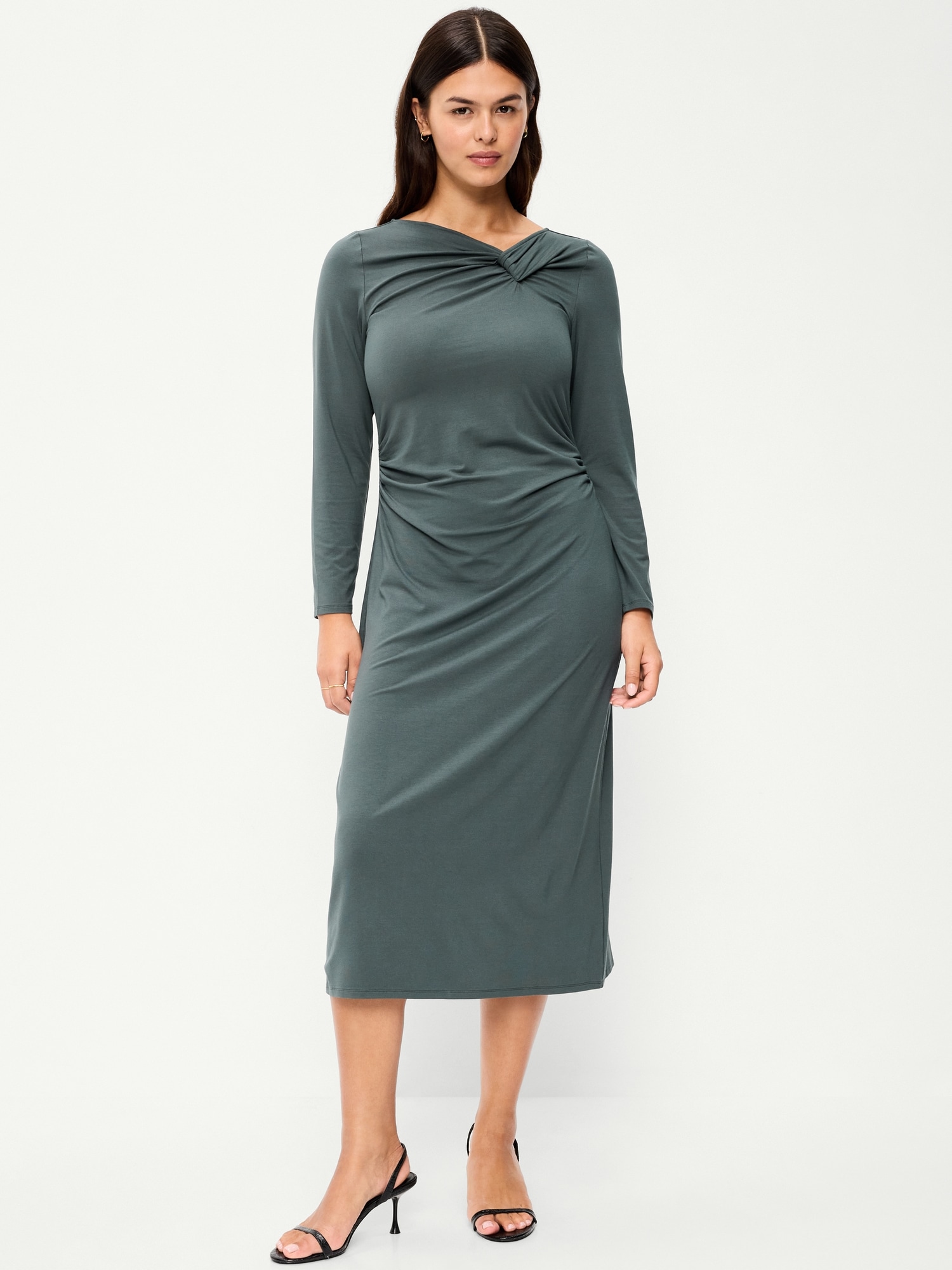 Long-Sleeve Twist-Front Ruched Midi Dress