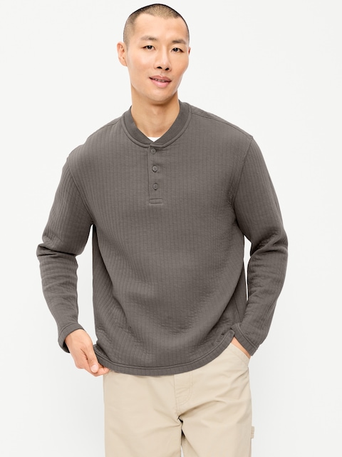 Long-Sleeve Quilted Fleece Henley Sweatshirt