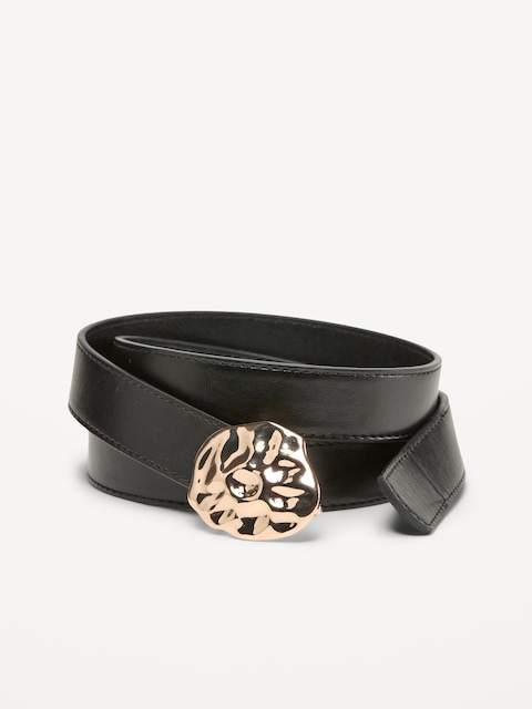 Gold-Nugget Buckle Faux-Leather Belt